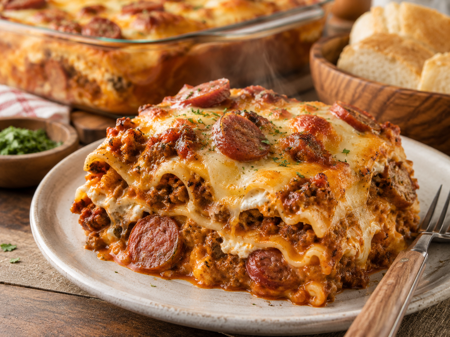 Lasagna with beef hot links